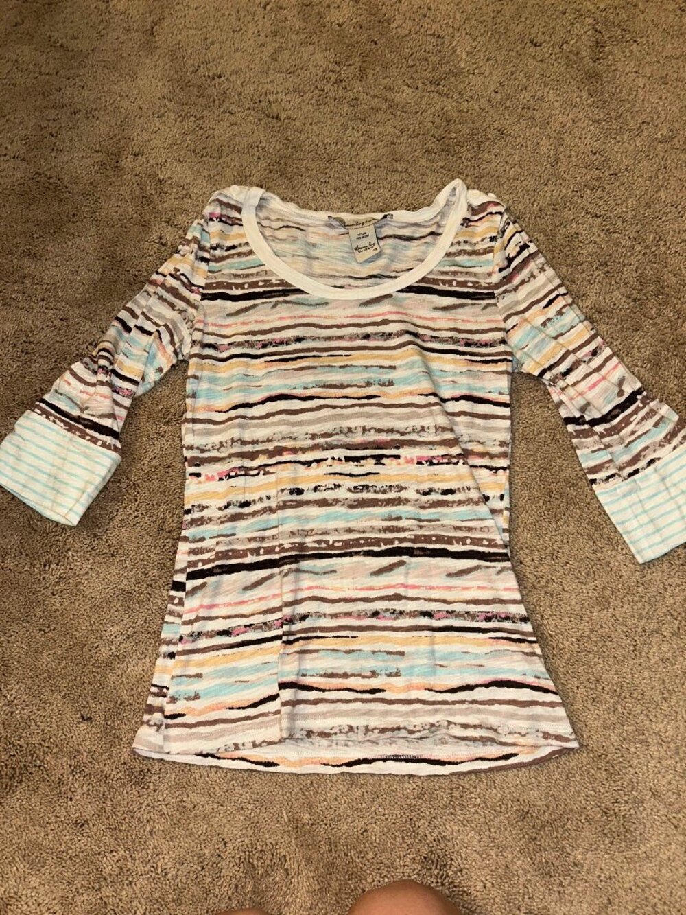American Rag Colorful Striped White 3/4 Sleeve T-Shirt with Button Sleeve Detail